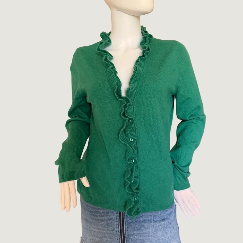 Garnet Hill Womens Green 100% Cashmere Ruffle Trim Button Front Sweater Size L